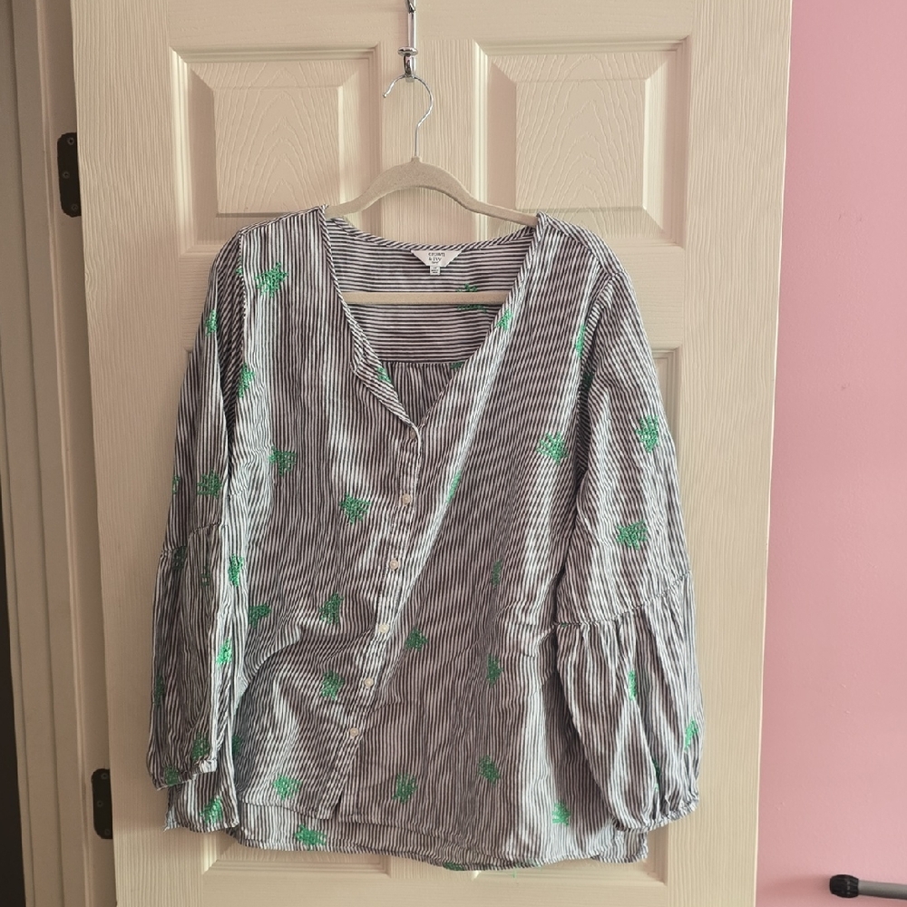crown & ivy Black and White Striped Blouse with Green Floral Accents